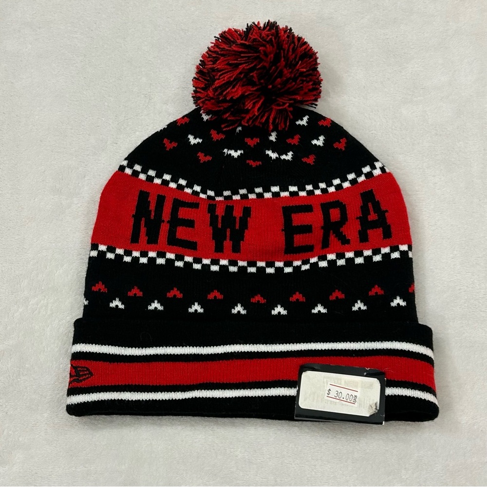New Era Spell Out w/ Hearts Black Red Cuffed Knit Pom Pom Winter Beanie Hat Cap - Picture 1 of 5